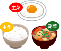主食（ごはん）主菜（目玉焼き）副菜（具だくさんみそ汁）イラスト