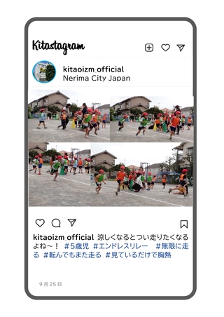 園庭でリレーをして遊んでいる写真です