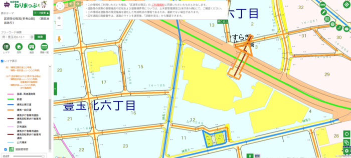 地図情報ねりまっぷ「区道等の現況（参考公開）」表示画面