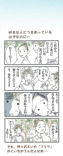 ごはん代は奢ってもらって当然と言う彼女に困っている男性の4コマ漫画